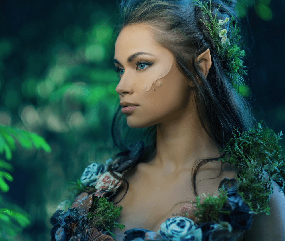 Fairy elf main character of a fantasy story wearing flowers and nature