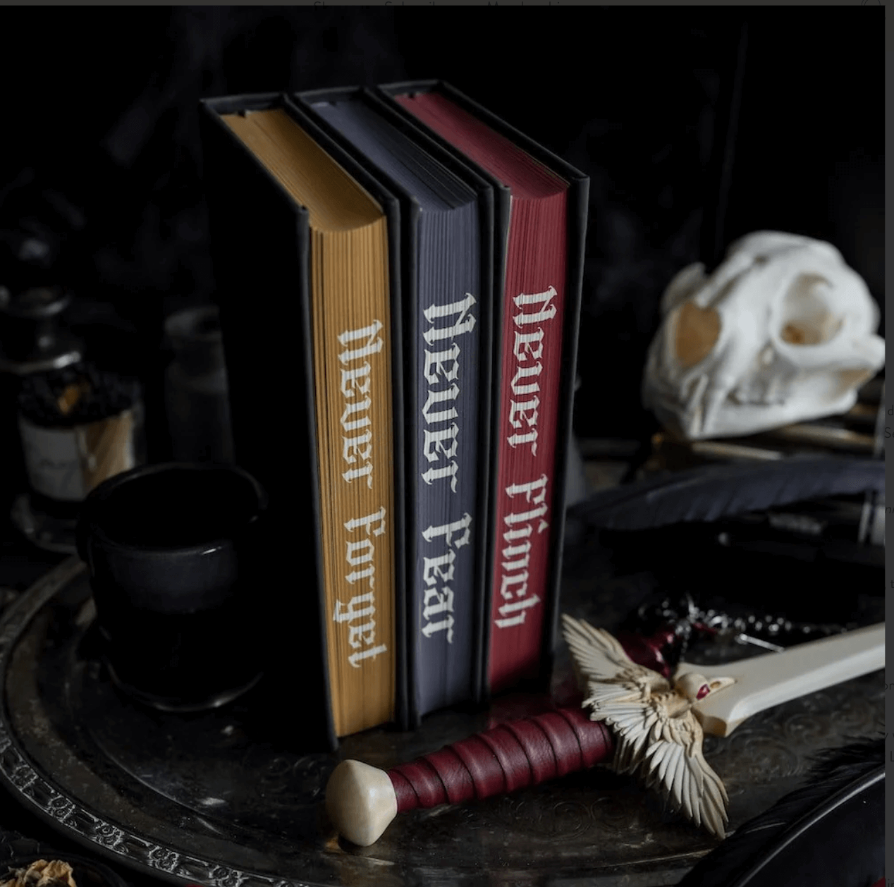 Nevernight Jay Kristoff books that say "Never Forget," "Never Fear," "Never Flinch"