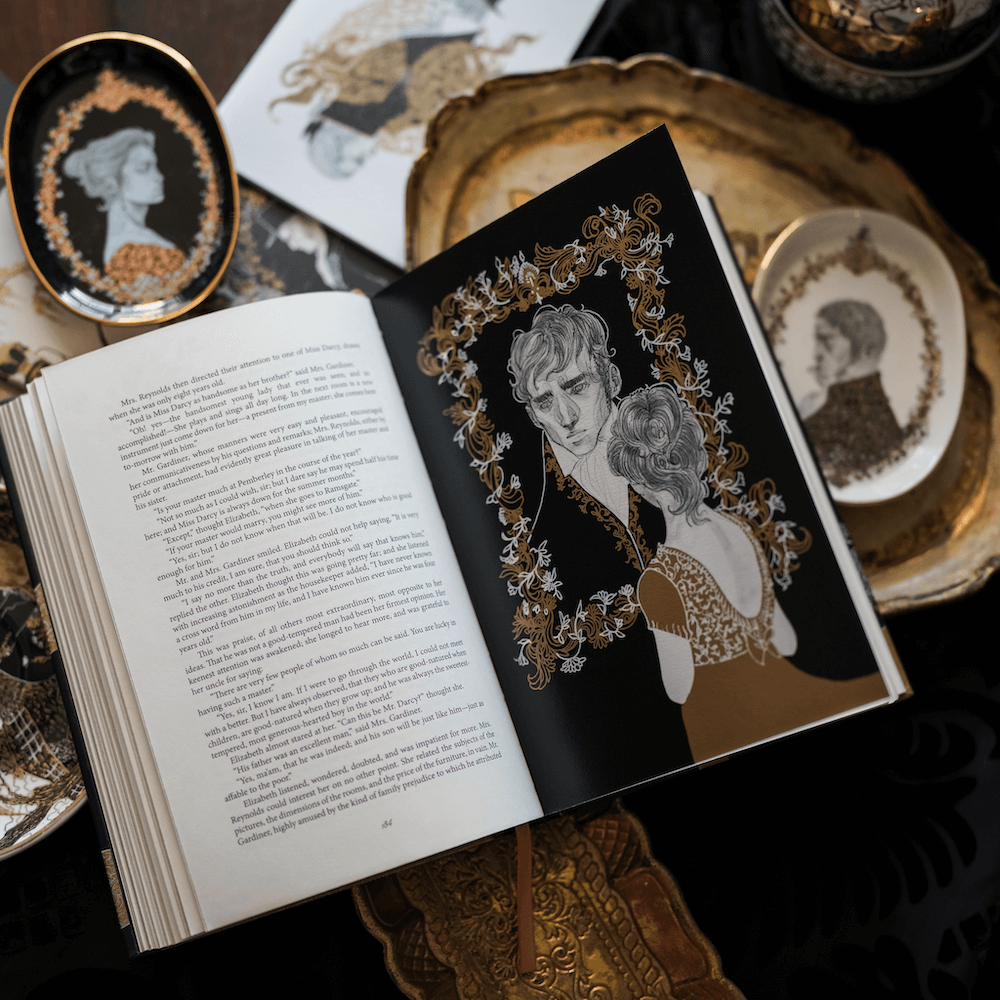 Elizabeth Bennet looks at Mr. Darcy's portrait