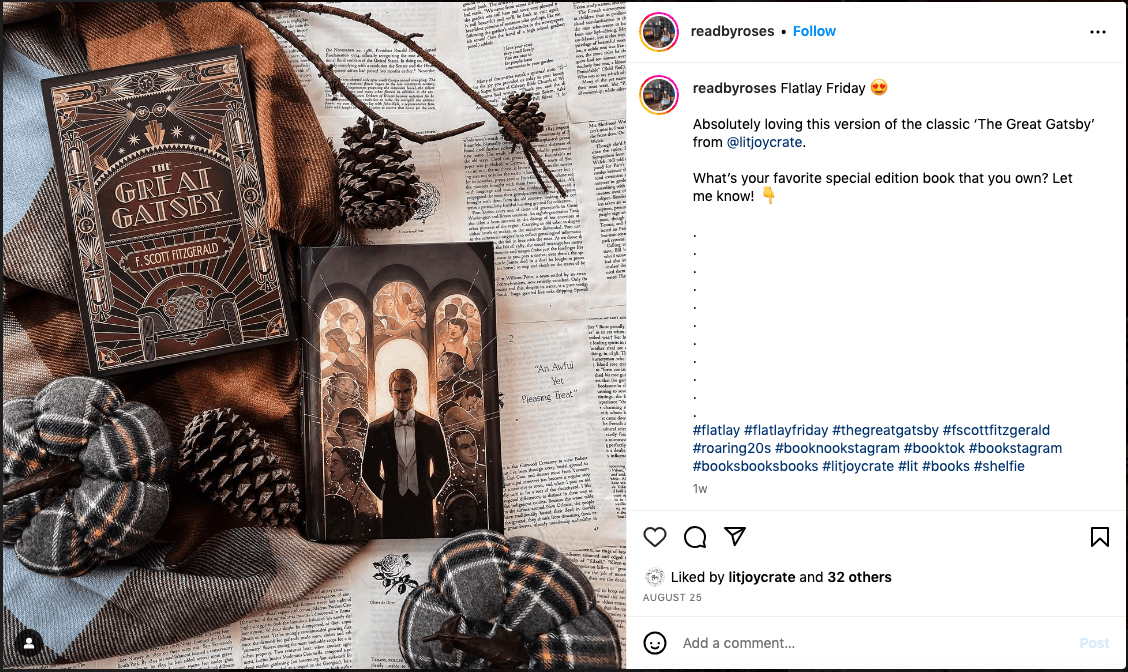 screenshot of IG image showing a Special Edition of The Great Gatsby Book and Slipcase sold by LitJoy