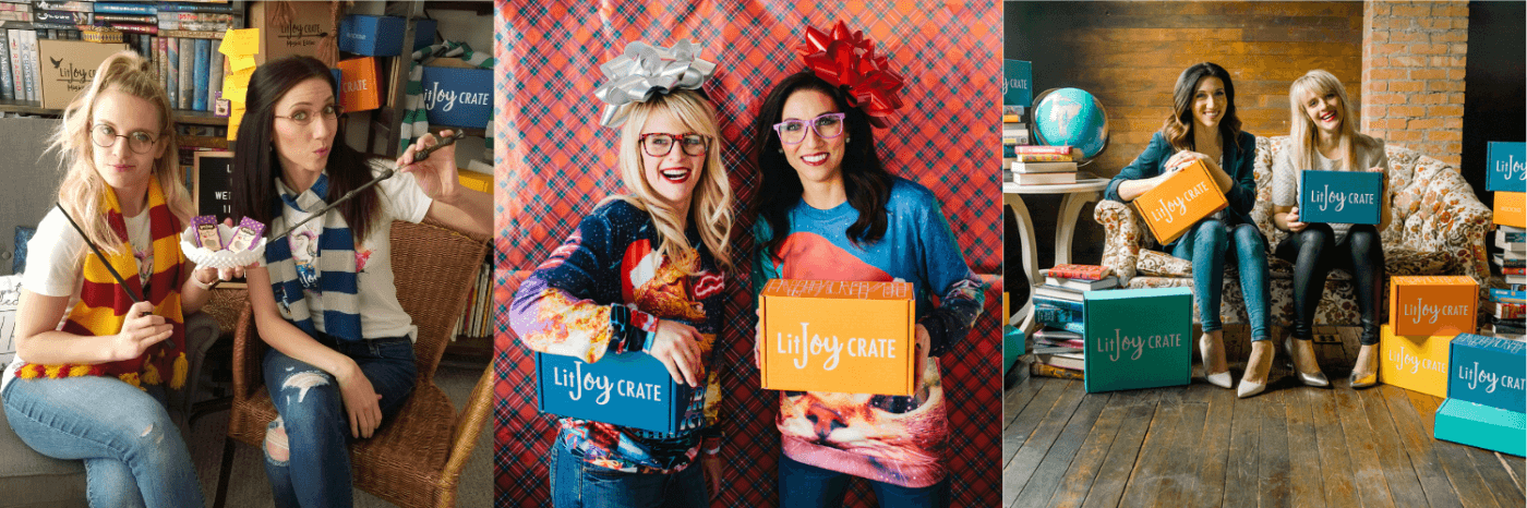 Three pictures of Alix and Kelly: 1-Dressed in magical attire, 2-Holiday themed, 3-sitting on couch with LitJoy boxes