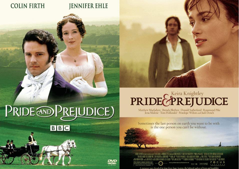 Movie posters from the 1995 mini series and 2005 film adaptations of Pride and Prejudice for favorite movies based on classic literature